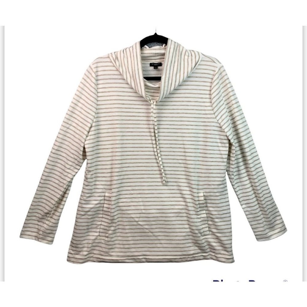 Talbots Womens Pullover Sweatshirt White Gray Striped Long Sleeve Petites L